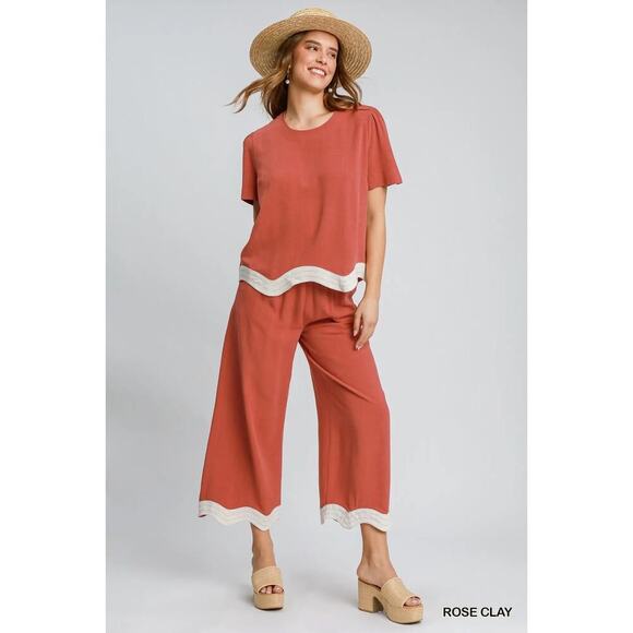 Umgee Rose Clay Linen Scalloped Hem Pants - Picture 3 of 4